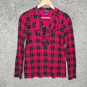Chaps Top Womens Medium Red Plaid Ruffle Lace Up Long Sleeve Tee Casual Ladies